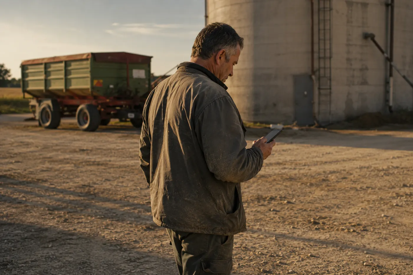 Un agriculteur consulte son téléphone dans la cour, devant un silo
