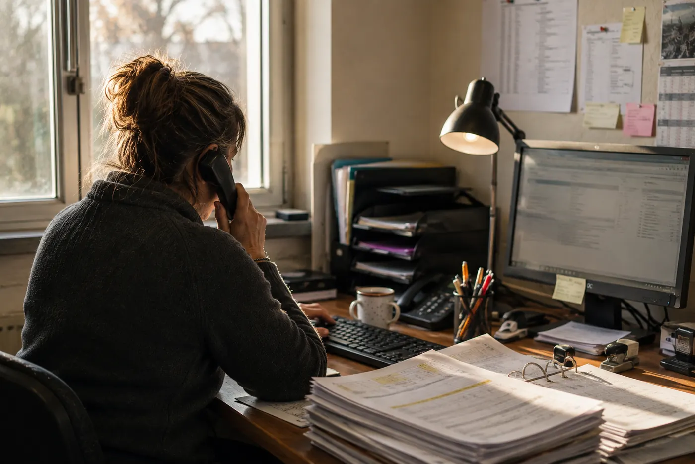 Une salariée de coopérative au téléphone, dossiers empilés sur son bureau